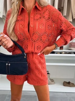 Ensemble 2 pièces chemise à manches longues et short en dentelle 2026