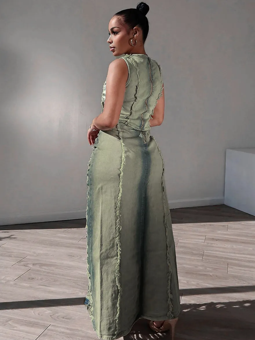 Ensemble 2 pièces en denim délavé pour femme - Jupe longue fendue déchirée style vintage et crop top - Tenue de festival d'été 2026