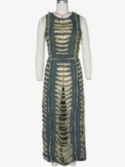 Ensemble 2 pièces en denim délavé pour femme - Jupe longue fendue déchirée style vintage et crop top - Tenue de festival d'été 2026