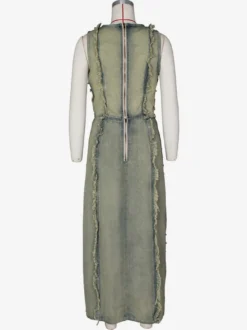 Ensemble 2 pièces en denim délavé pour femme - Jupe longue fendue déchirée style vintage et crop top - Tenue de festival d'été 2026