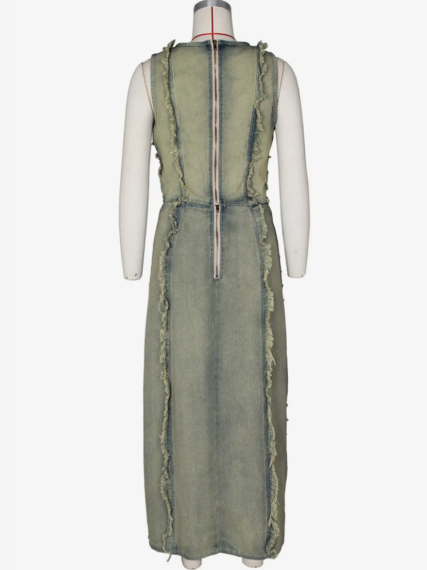 Ensemble 2 pièces en denim délavé pour femme - Jupe longue fendue déchirée style vintage et crop top - Tenue de festival d'été 2026