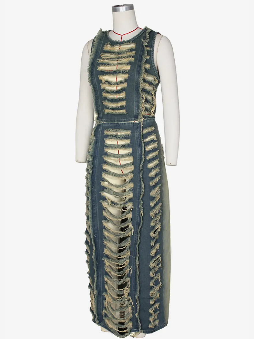 Ensemble 2 pièces en denim délavé pour femme - Jupe longue fendue déchirée style vintage et crop top - Tenue de festival d'été 2026