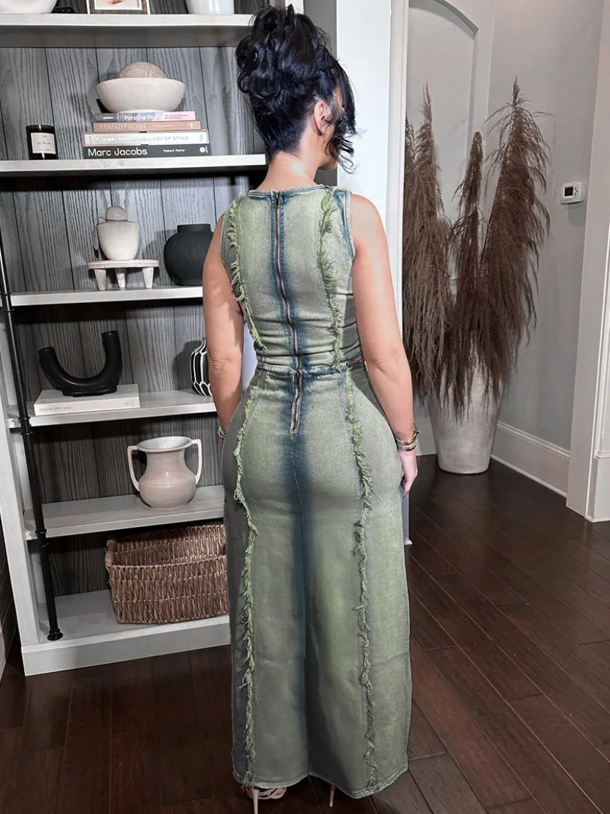 Ensemble 2 pièces en denim délavé pour femme - Jupe longue fendue déchirée style vintage et crop top - Tenue de festival d'été 2026