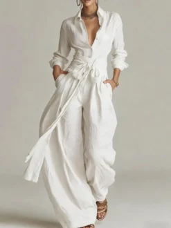 Ensemble 2 pièces en lin et coton pour femme - Chemise élégante à manches longues et ceinture et pantalon large - Style été 2026