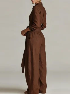 Ensemble 2 pièces en lin et coton pour femme - Chemise élégante à manches longues et ceinture et pantalon large - Style été 2026