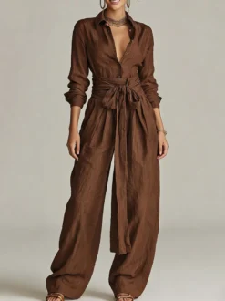 Ensemble 2 pièces en lin et coton pour femme - Chemise élégante à manches longues et ceinture et pantalon large - Style été 2026