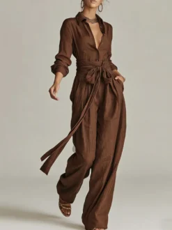 Ensemble 2 pièces en lin et coton pour femme - Chemise élégante à manches longues et ceinture et pantalon large - Style été 2026