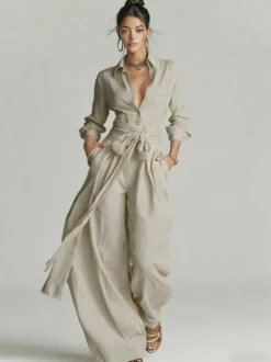 Ensemble 2 pièces en lin et coton pour femme - Chemise élégante à manches longues et ceinture et pantalon large - Style été 2026