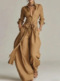 Ensemble 2 pièces en lin et coton pour femme - Chemise élégante à manches longues et ceinture et pantalon large - Style été 2026
