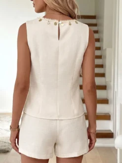 Ensemble 2 pièces en lin pour femme : débardeur sans manches à bordure d'étoiles perlées et short à taille élastique