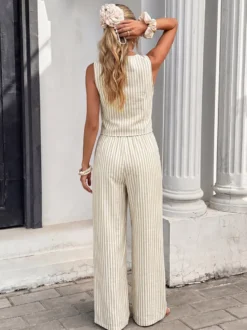 Ensemble 2 pièces en lin pour femme : gilet rayé sans manches à col en V et nœud sur le devant pantalon large