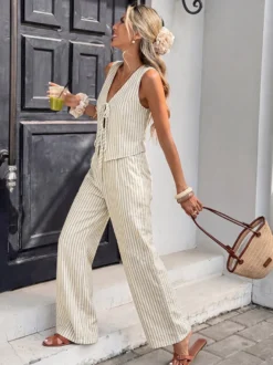 Ensemble 2 pièces en lin pour femme : gilet rayé sans manches à col en V et nœud sur le devant pantalon large