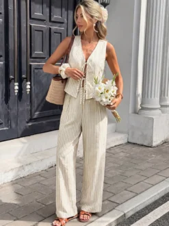 Ensemble 2 pièces en lin pour femme : gilet rayé sans manches à col en V et nœud sur le devant pantalon large