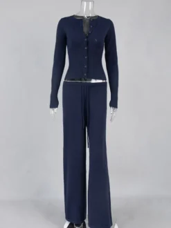 Ensemble 2 pièces en maille côtelée pour femme - Gilet boutonné coupe ajustée et pantalon de détente à jambes larges - Collection printemps 2026
