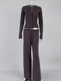Ensemble 2 pièces en maille côtelée pour femme - Gilet boutonné coupe ajustée et pantalon de détente à jambes larges - Collection printemps 2026
