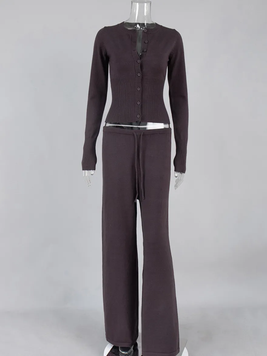 Ensemble 2 pièces en maille côtelée pour femme - Gilet boutonné coupe ajustée et pantalon de détente à jambes larges - Collection printemps 2026