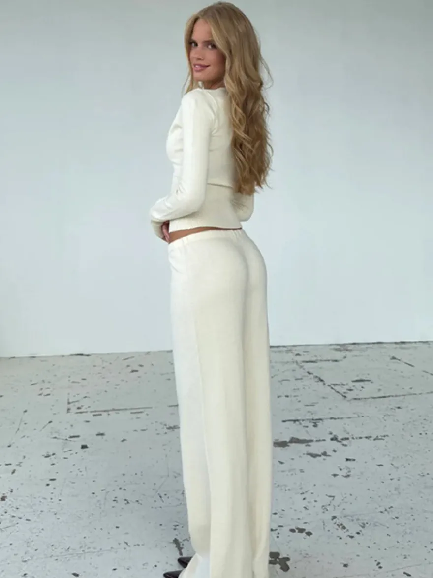 Ensemble 2 pièces en maille côtelée pour femme - Gilet boutonné coupe ajustée et pantalon de détente à jambes larges - Collection printemps 2026