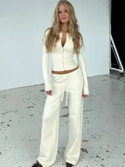 Ensemble 2 pièces en maille côtelée pour femme - Gilet boutonné coupe ajustée et pantalon de détente à jambes larges - Collection printemps 2026