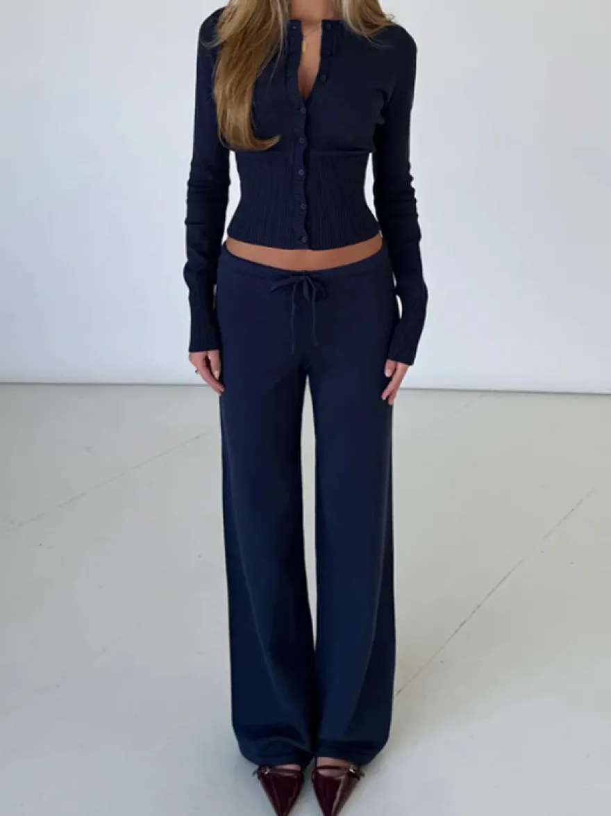 Ensemble 2 pièces en maille côtelée pour femme - Gilet boutonné coupe ajustée et pantalon de détente à jambes larges - Collection printemps 2026