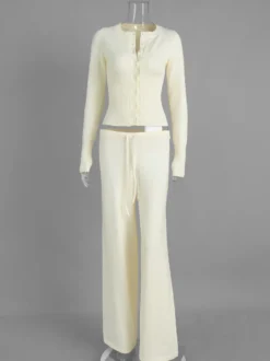Ensemble 2 pièces en maille côtelée pour femme - Gilet boutonné coupe ajustée et pantalon de détente à jambes larges - Collection printemps 2026