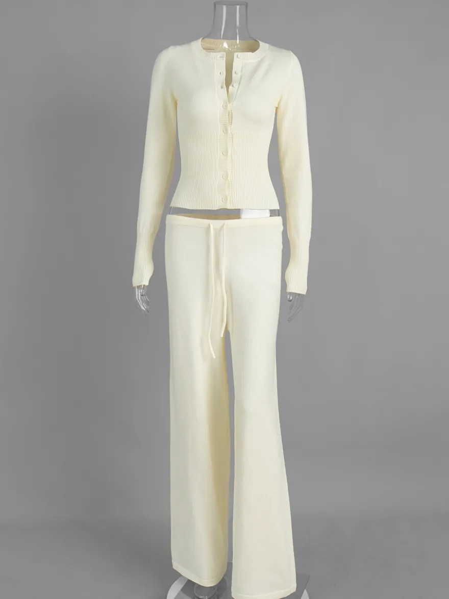 Ensemble 2 pièces en maille côtelée pour femme - Gilet boutonné coupe ajustée et pantalon de détente à jambes larges - Collection printemps 2026
