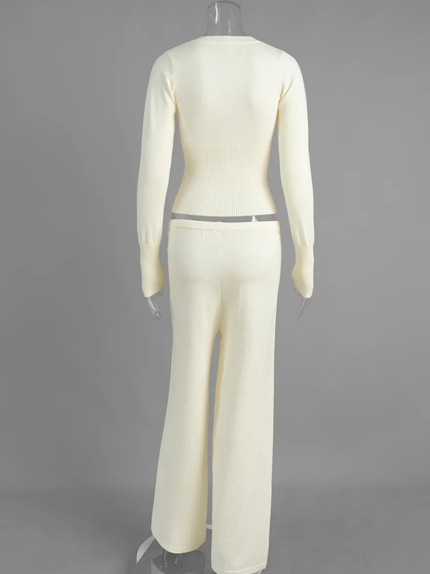 Ensemble 2 pièces en maille côtelée pour femme - Gilet boutonné coupe ajustée et pantalon de détente à jambes larges - Collection printemps 2026