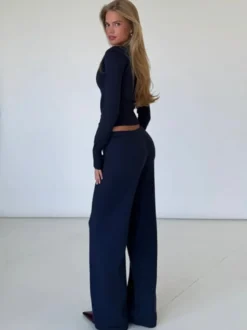 Ensemble 2 pièces en maille côtelée pour femme - Gilet boutonné coupe ajustée et pantalon de détente à jambes larges - Collection printemps 2026