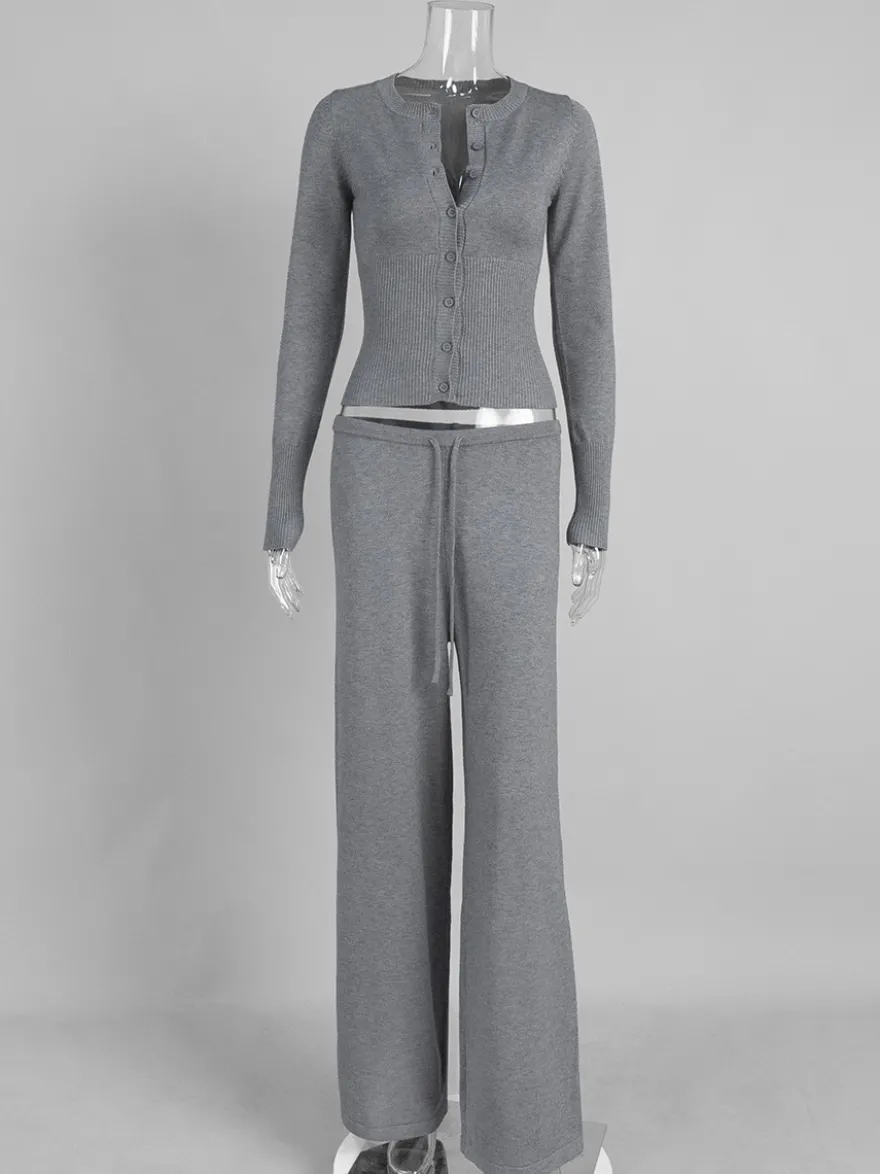 Ensemble 2 pièces en maille côtelée pour femme - Gilet boutonné coupe ajustée et pantalon de détente à jambes larges - Collection printemps 2026