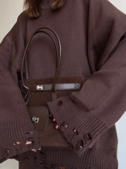 Ensemble 2 pièces oversize en maille pour femme - Pull et pantalon décontractés effet usé - Tenue d'intérieur confortable pour le printemps 2026