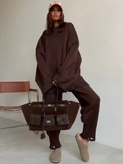 Ensemble 2 pièces oversize en maille pour femme - Pull et pantalon décontractés effet usé - Tenue d'intérieur confortable pour le printemps 2026
