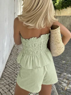 Ensemble 2 pièces : pantalon jaune plissé tenue décontractée pour tous les jours sans bretelles ni manches.