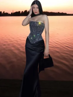 Ensemble 2 pièces pour femme corset à lacets et jupe longue orné de strass idéal pour les fêtes (collection 2026).