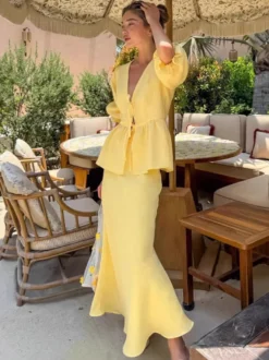 Ensemble 2 pièces pour femme : haut péplum à col en V et manches bouffantes noué sur le devant jupe longue sirène