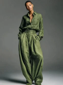 Ensemble 2 pièces vert olive pour femme - Chemise boutonnée et pantalon rétro taille haute à jambes larges - Tenue décontractée printemps 2026