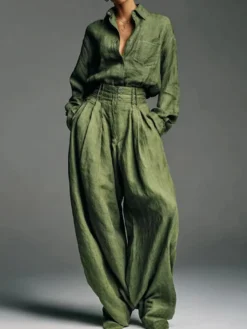Ensemble 2 pièces vert olive pour femme - Chemise boutonnée et pantalon rétro taille haute à jambes larges - Tenue décontractée printemps 2026