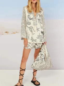 Ensemble pyjama en satin imprimé pour femme - Chemise à manches longues et col en V à motif côtier et short - Soirée croisière d'été 2026