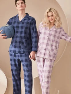 Ensemble Pyjama Polaire Chaud Hiver 2 Pièces Col Rabattu Manches Longues Carreaux Coton