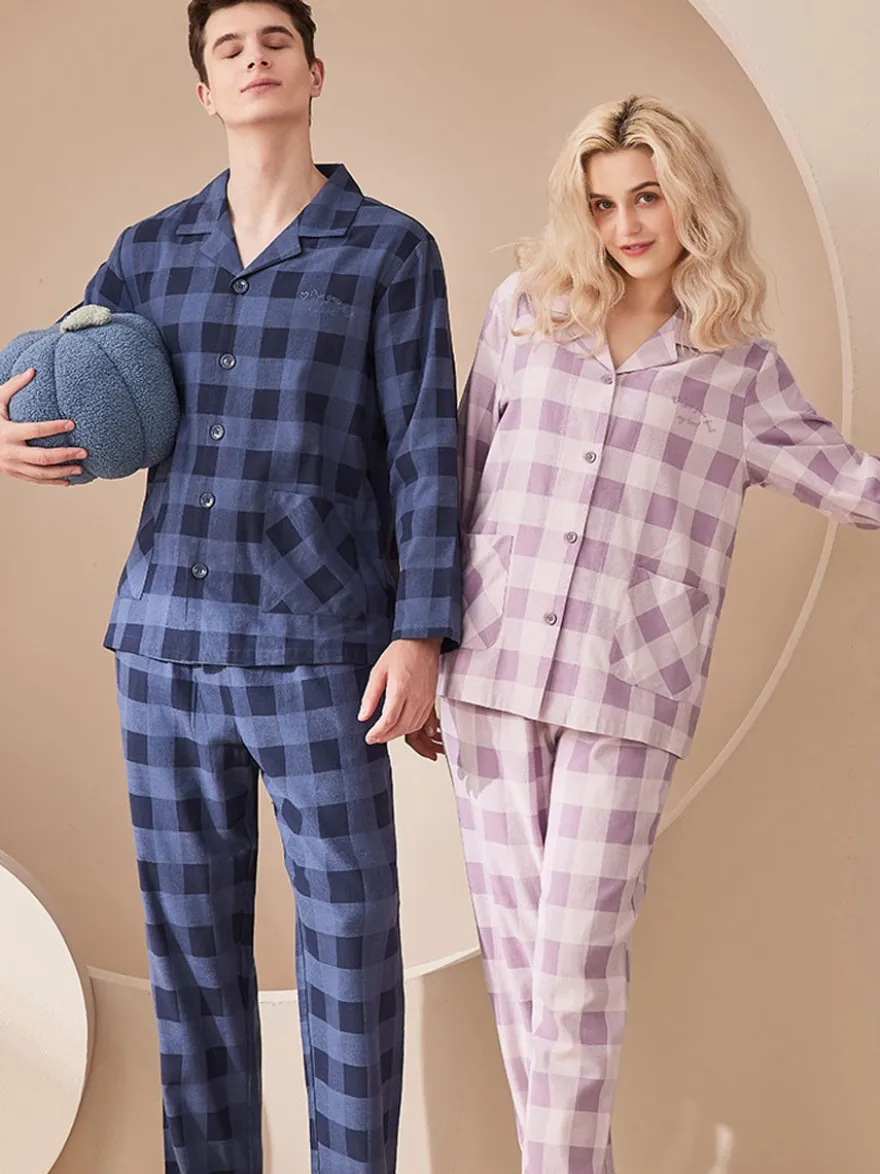 Ensemble Pyjama Polaire Chaud Hiver 2 Pièces Col Rabattu Manches Longues Carreaux Coton