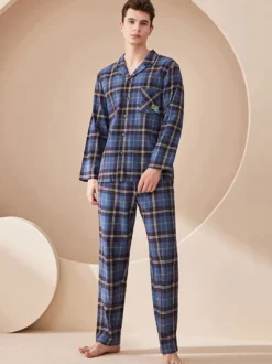 Ensemble Pyjama Polaire Chaud Hiver 2 Pièces Col Rabattu Manches Longues Carreaux Coton