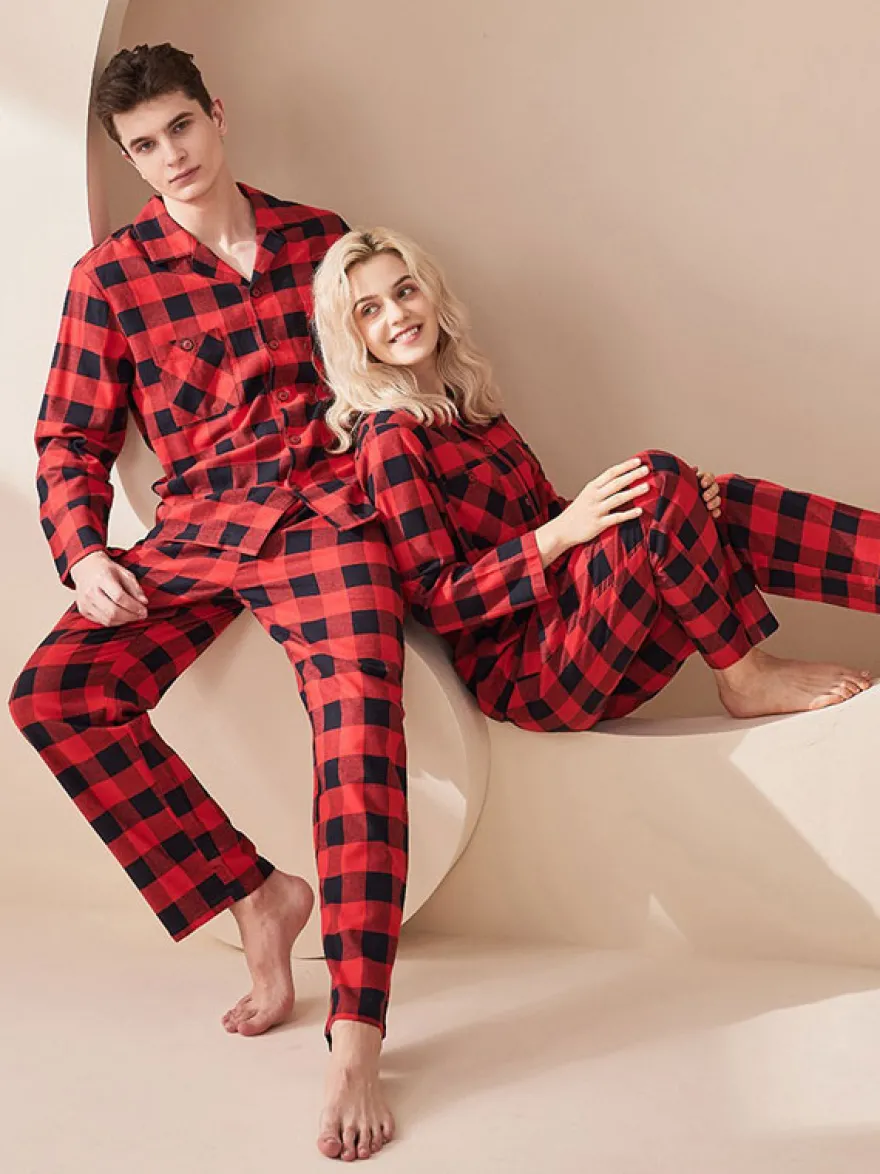 Ensemble Pyjama Polaire Chaud Hiver 2 Pièces Col Rabattu Manches Longues Carreaux Coton