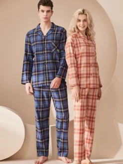 Ensemble Pyjama Polaire Chaud Hiver 2 Pièces Col Rabattu Manches Longues Carreaux Coton