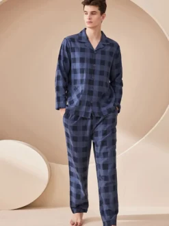 Ensemble Pyjama Polaire Chaud Hiver 2 Pièces Col Rabattu Manches Longues Carreaux Coton
