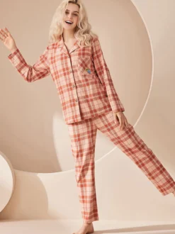 Ensemble Pyjama Polaire Chaud Hiver 2 Pièces Col Rabattu Manches Longues Carreaux Coton