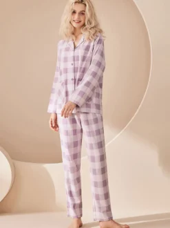 Ensemble Pyjama Polaire Chaud Hiver 2 Pièces Col Rabattu Manches Longues Carreaux Coton