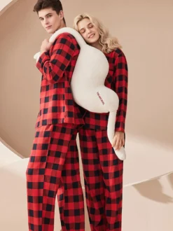 Ensemble Pyjama Polaire Chaud Hiver 2 Pièces Col Rabattu Manches Longues Carreaux Coton