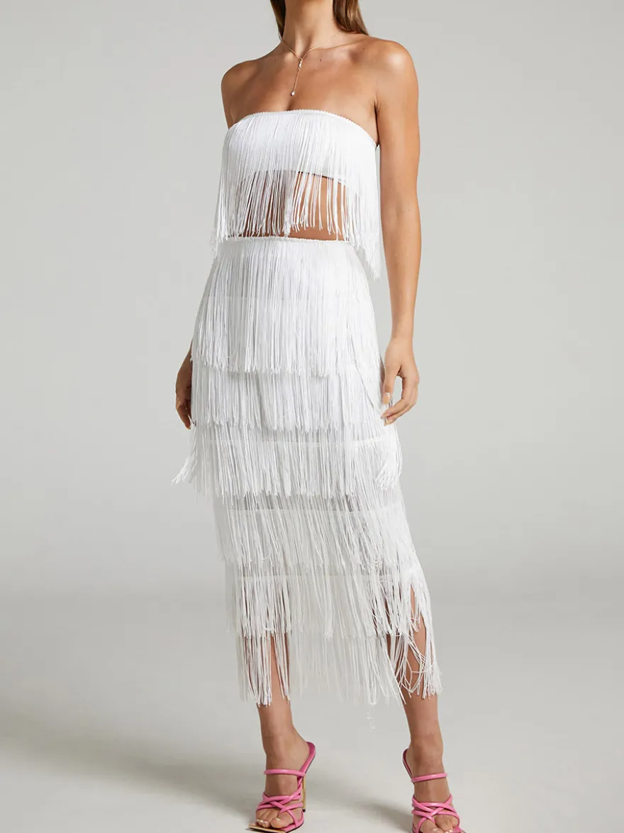Ensembles de soirée chics sans manches à franges et dos nu