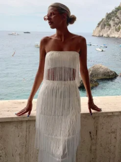 Ensembles de soirée chics sans manches à franges et dos nu