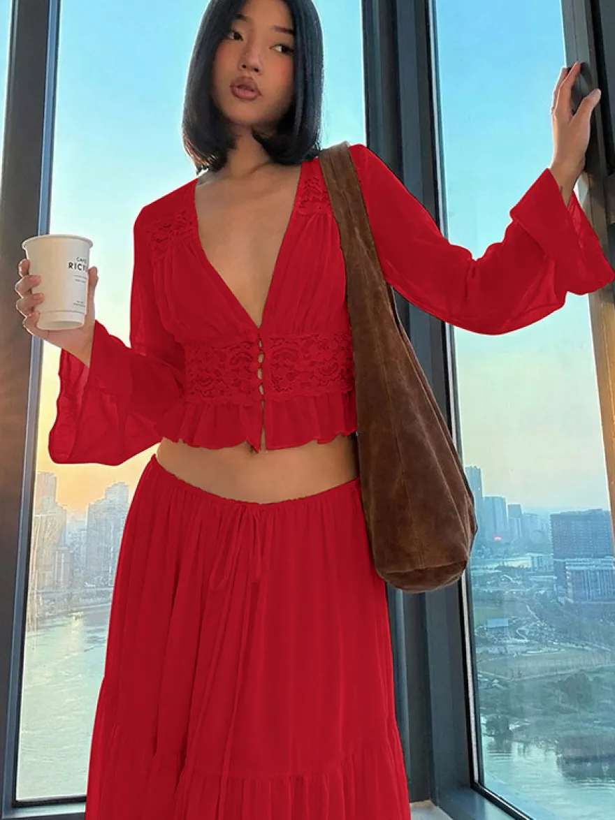 Ensembles deux pièces : jupe robe maxi couleur abricot tenue de villégiature boutons col en V manches longues.