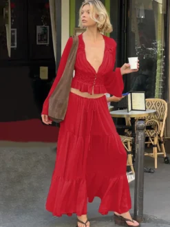 Ensembles deux pièces : jupe robe maxi couleur abricot tenue de villégiature boutons col en V manches longues.