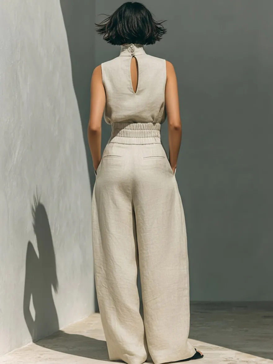 Ensembles deux pièces : pantalon et robe maxi écru blanc à col montant sans manches élégants